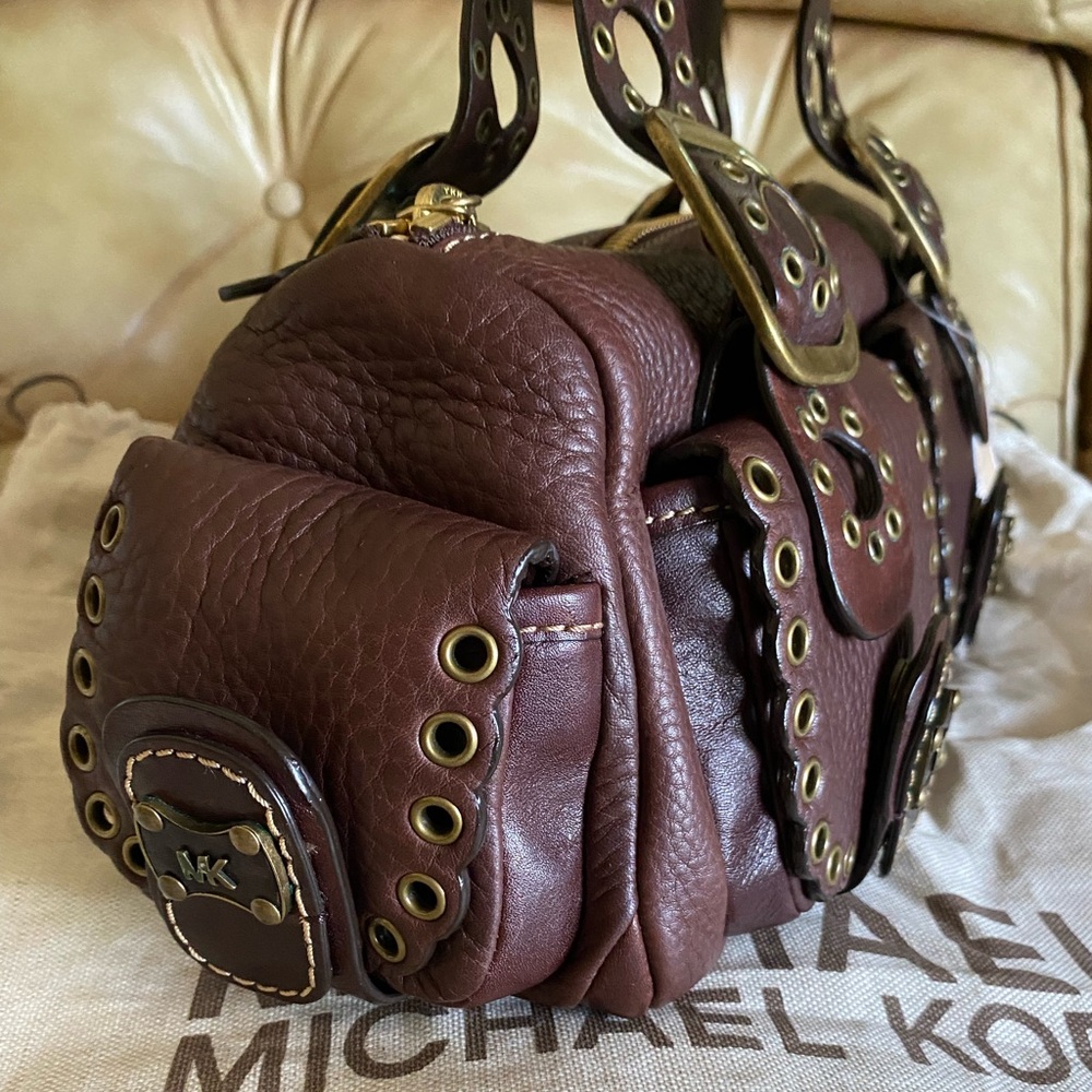 NWT Michael Kors Roadie Satchel Thick Leather Bag Grommets Rivets Brass Pebbled - Picture 4 of 16